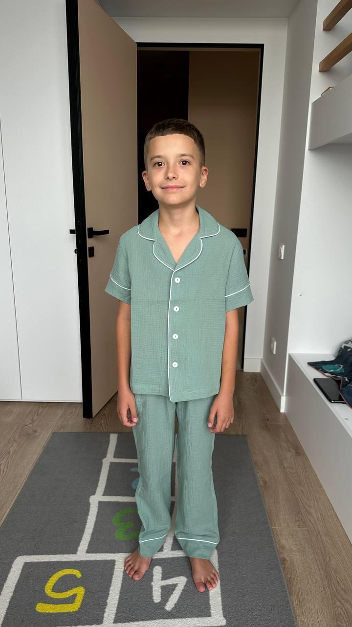 Дитяча муслінова піжама штани+сорочка короткий рукав VIVA, евкаліпт, фото 1