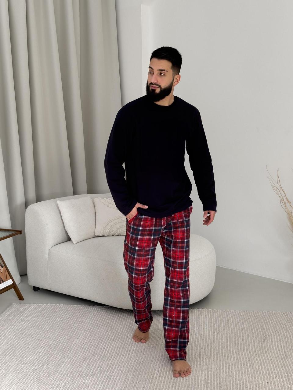 Піжама чоловіча тепла Just be COOL (штани+лонгслів) без прінта, клітина червоно-синя, фото 1