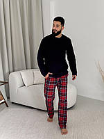 Піжама чоловіча тепла Just be COOL (штани+лонгслів) без прінта, клітина червоно-синя