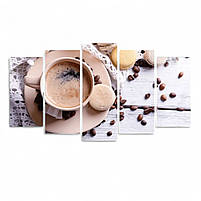 Картина модульна для обідньої зони на кухні Чашка капучино, Кава, Зерна, Макаруни 125х70см з 5 частин, фото 2