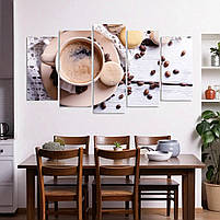 Картина модульна для обідньої зони на кухні Чашка капучино, Кава, Зерна, Макаруни 125х70см з 5 частин, фото 3