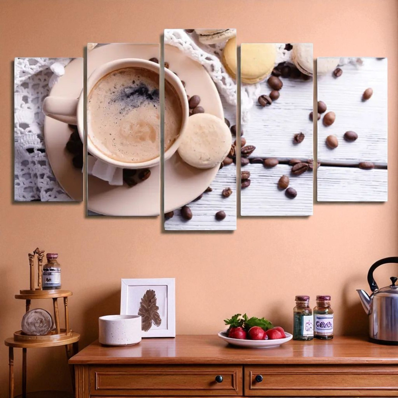 Картина модульна для обідньої зони на кухні Чашка капучино, Кава, Зерна, Макаруни 125х70см з 5 частин, фото 1