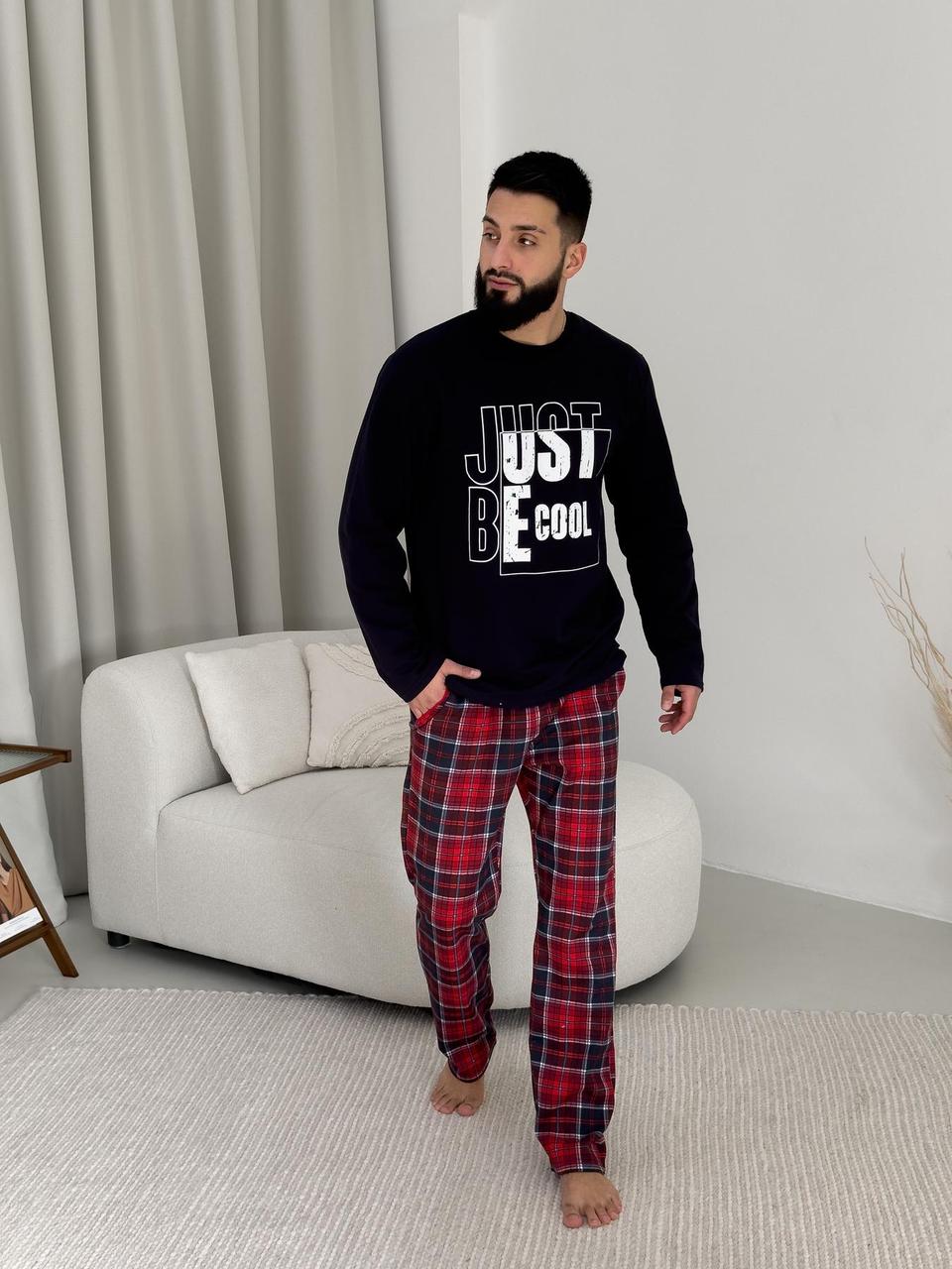 Піжама чоловіча тепла Just be COOL (штани+лонгслів) прінт, клітина червоно-синя, фото 1