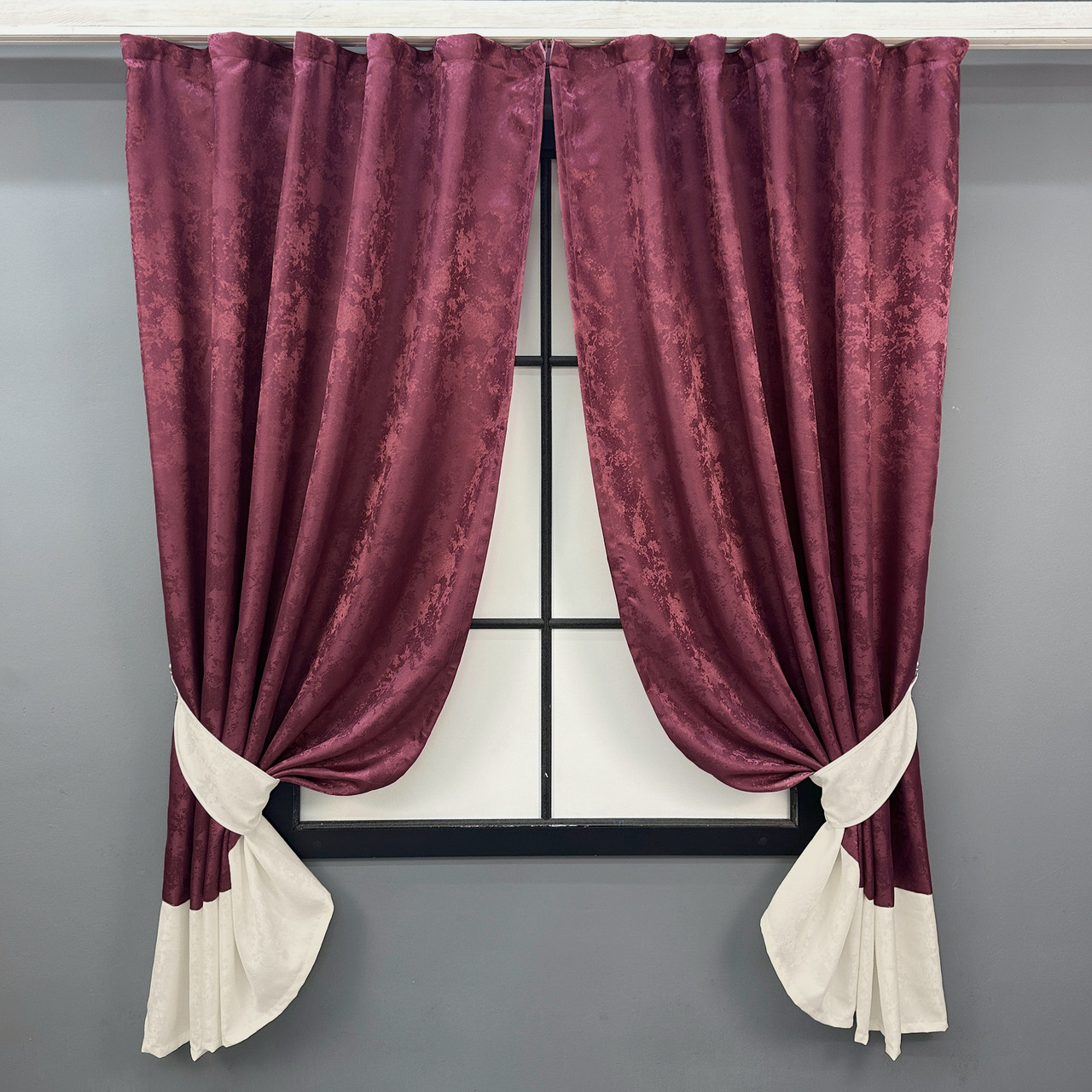 Комплект (2шт. 1,3х1,7м.) коротких штор з жакарду. Колір марсала з кремовим. Код 033дк 12-0116, фото 1