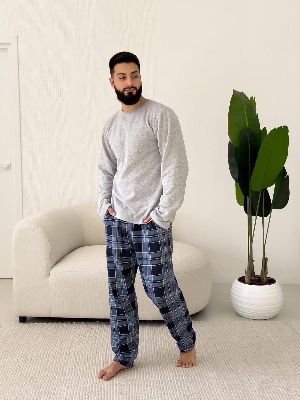 Піжама "Скандинавія NEW" тепла з начісом (штани+лонгслів), клітина синьо-блакитна, фото 1
