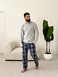 Піжама "Скандинавія NEW" тепла з начісом (штани+лонгслів), клітина синьо-блакитна, фото 4