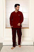 Чоловіча тепла піжама з флісу полар колір кофти бургунді та штани в клітину