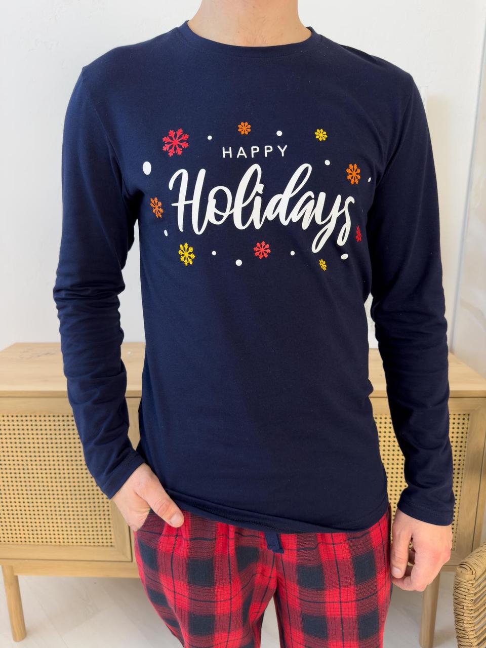Лонгслів чоловічий "Happy Holidays" синій, фото 1