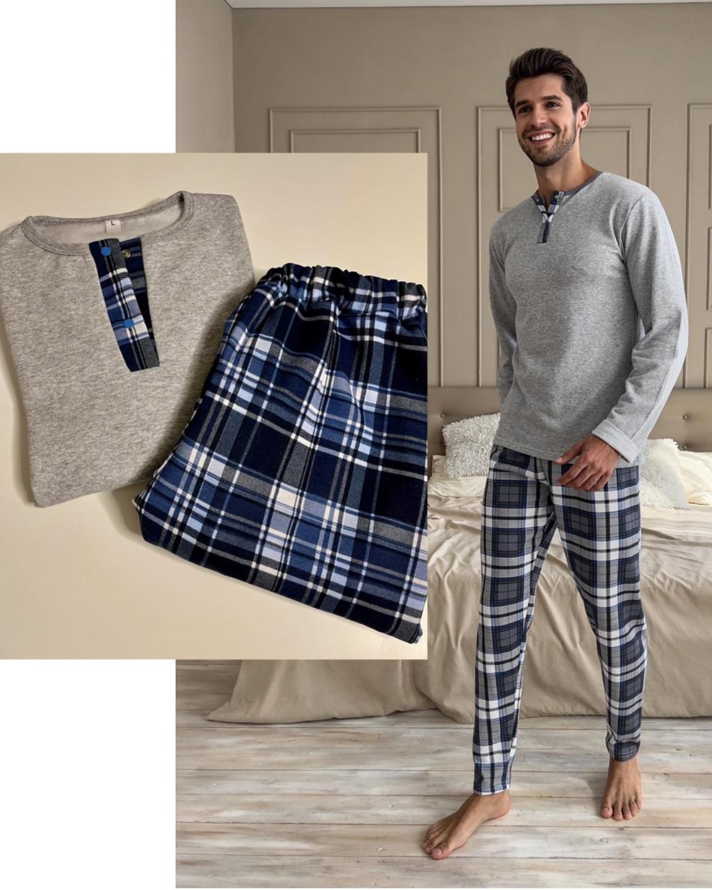 Піжама "Скандинавський затишок" тепла з начісом (штани+лонгслів), клітина синя 3XL, фото 1