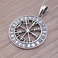 Cеребряная подвеска мужская Рунический компас. Серебряный кулон оберег амулет Вегвизир