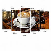 Велика картина на кухню Чашка кави, Кавові зерна, Капучіно Друк на полотні 125х70см з 5 модулів, фото 5