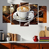 Велика картина на кухню Чашка кави, Кавові зерна, Капучіно Друк на полотні 125х70см з 5 модулів, фото 3