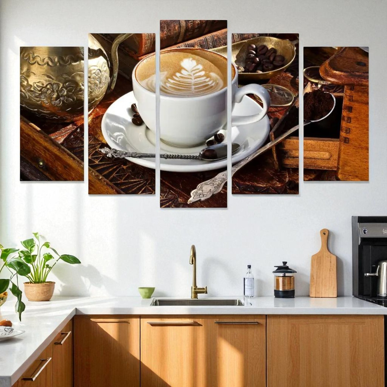 Велика картина на кухню Чашка кави, Кавові зерна, Капучіно Друк на полотні 125х70см з 5 модулів, фото 1