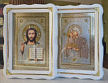 Ікони венчальні Спаситет П.Б Почаївська в білому дерев'яному фігурному кіоті під склом, кіот 37*27, сюже20*30, фото 2
