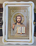 Ікони венчальні Спаситет П.Б Почаївська в білому дерев'яному фігурному кіоті під склом, кіот 37*27, сюже20*30, фото 3