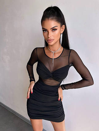 Ефектна жіноча сукня міні з драпіруванням та вставками з сітки Smb9479, фото 1