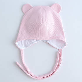 Шапка дитяча з вушками на зав'язках двошарова DoRechi демісезонна об'єм голови 38 - 42 см (0-3 місяці) Рожевий