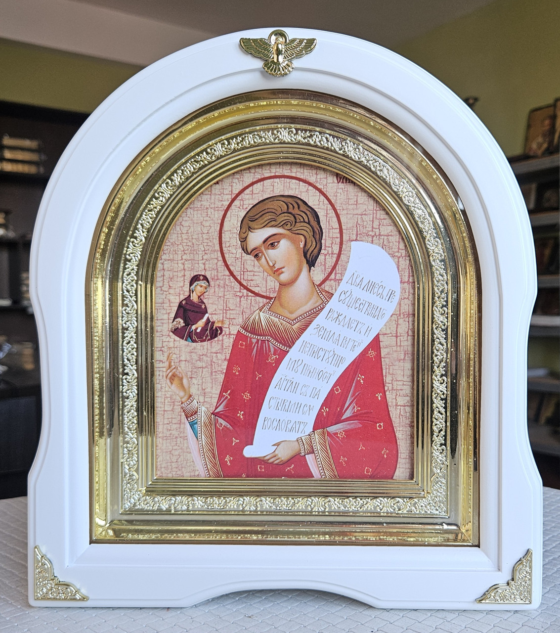 Ікона іменна Святий Роман Солодкоспівець в білому дерев'яному киоті під склом, розмір киота 28*25, сюжет 15*18., фото 1