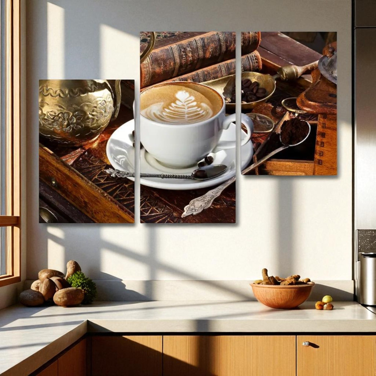 Сучасна картина в кухню, Чашка кави, Капучіно, Кавові зерна, Шоколад 90х60см з 3х частин, фото 1