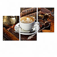 Сучасна картина в кухню, Чашка кави, Капучіно, Кавові зерна, Шоколад 90х60см з 3х частин, фото 2
