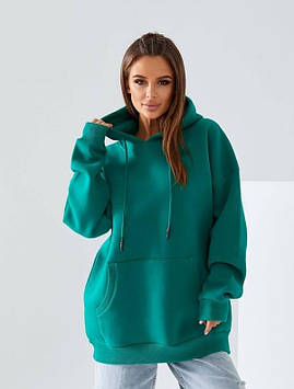 Тепла кофта з капюшоном толстовка жіноча на флісі зелена