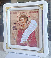 Икона именная Святой Роман Сладкопевец в белом деревянном киоте под стеклом, размер киота 24*21, сюжет 15*18