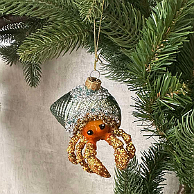 Ялинкова ретро прикраса зі скла Рак-відлюдник у мушлі з бісером і паєтками, 10 см