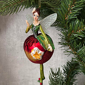 Ялинкова прикраса зі скла Фея з яблуком 15.5см, колір - червоний із зеленим