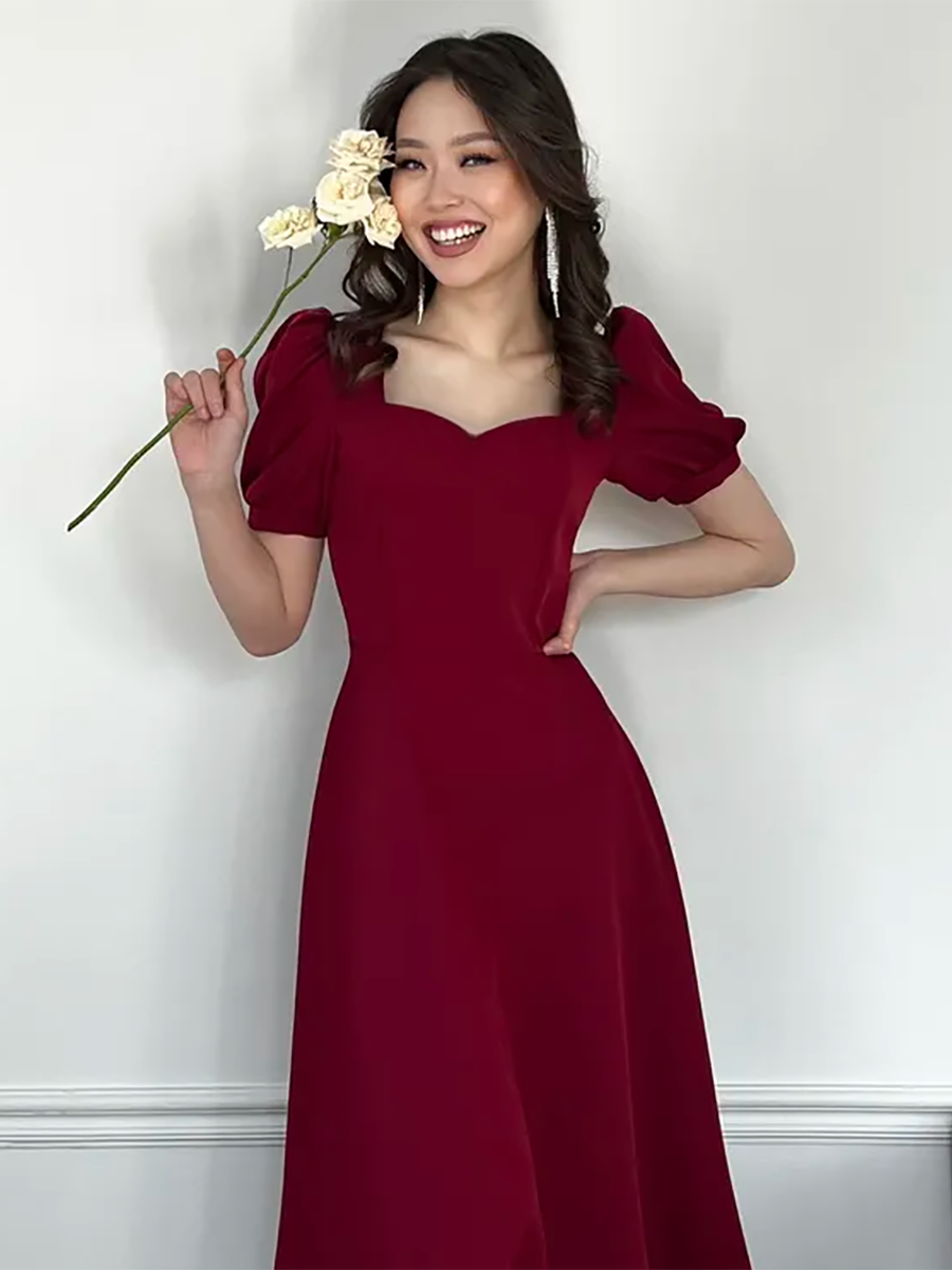 Вишукане жіноче плаття довжини міді з розкльошеною спідницею, бордове, фото 1