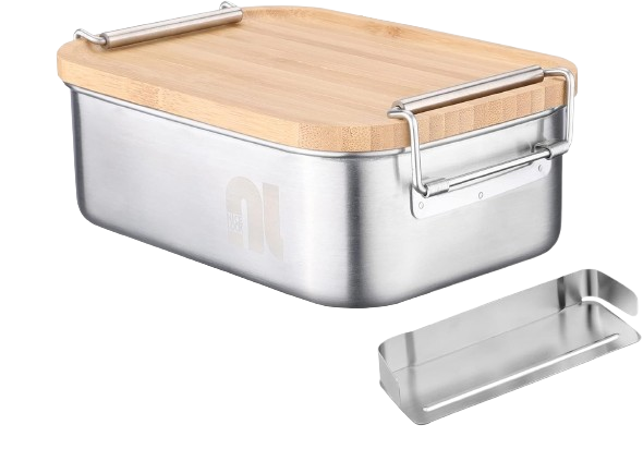 Ланч-бокс nicelock з нержавіючої сталі з бамбуковою кришкою, розділювачем та складними приборами, 1200 мл, фото 1