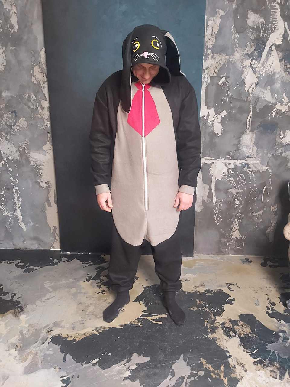 Кігурумі піжама костюм Кролик Заєць з краваткою флісовий (розміри на зріст від 155 до 180 см) чорний, фото 1