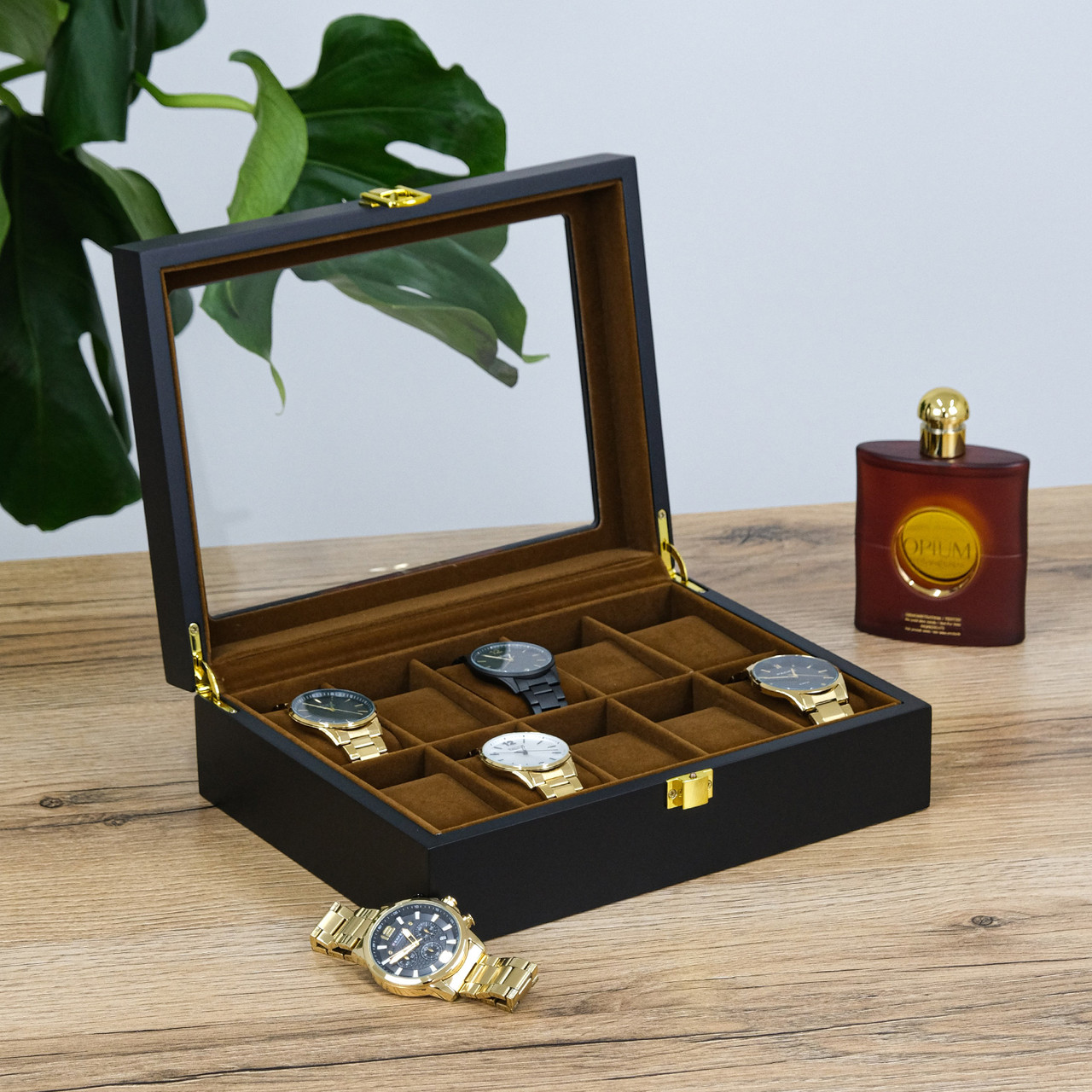 Скринька для зберігання 10 наручних годинників з прозорою кришкою та замком виконана з якісної екошкіри, фото 1
