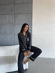 Піжама жіноча сатинова з кантом домашній комплект сорочка штани Loewe чорні