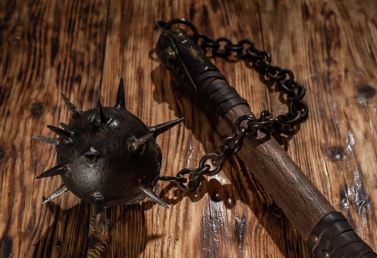 Середньовічна булава-флейл ручної роботи | Колекційна кована зброя на ланцюгу зі шипами, фото 1