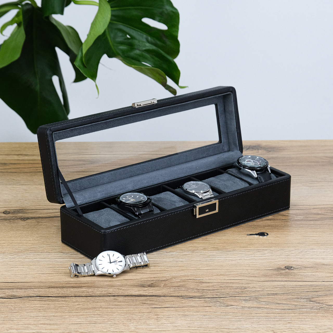 Скринька для зберігання 6 наручних годинників зі скляною кришкою закривається на замок виконана з екошкіри, фото 1
