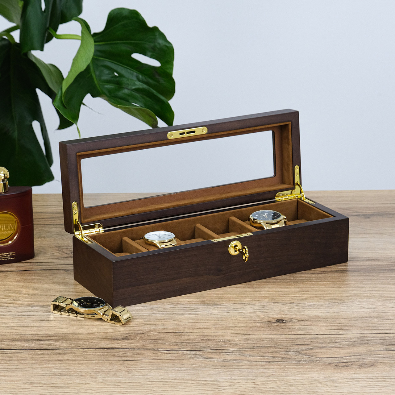 Скринька для зберігання 6 наручних годинників з прозорою кришкою закривається на замок виконана з дерева, фото 1