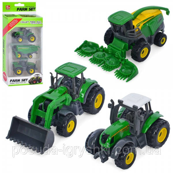 Набір тракторів металевих 3шт в коробці, розмір трактора 10см, 2 види SQ82013-2K розмір коробки 24,5-11-4,5см, фото 1
