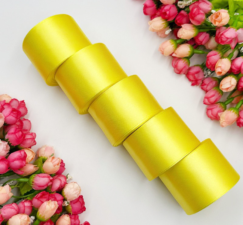 Атласна стрічка для рукоділля – 5 см x 23 м (опт, 5 рулонів) / Світло-жовтий, фото 1