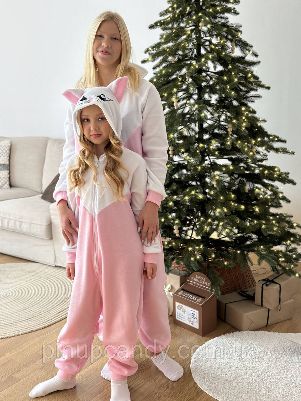 Кігурумі Киця кішка костюм з флісу біло-рожева (розміри на зріст від 181 до 200+ см), фото 1