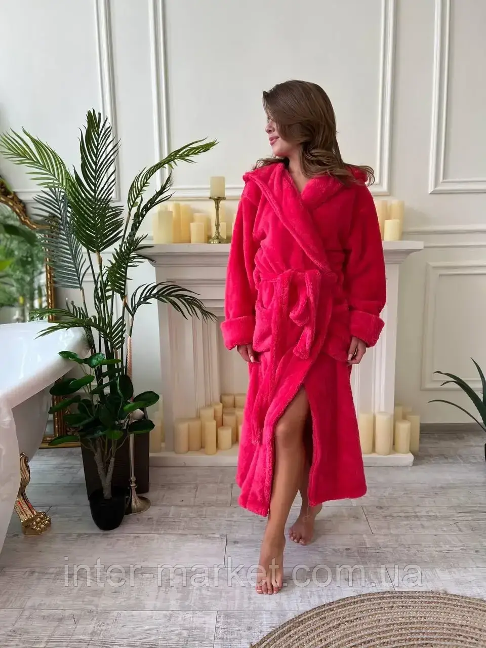 Махровий жіночий теплий халат домашній довгий з капюшоном на запах Ярко рожевий, фото 1