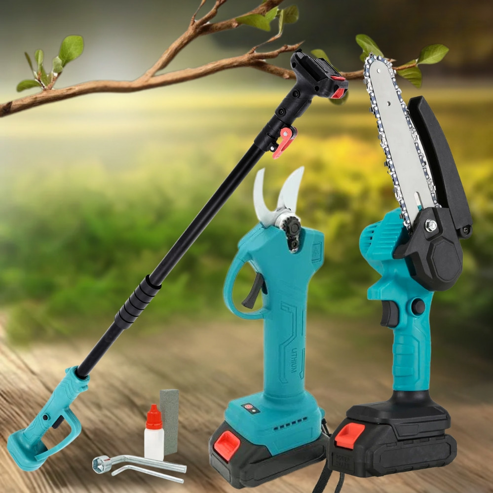 Набір ланцюгова пилка та секатор з телескопічною ручкою та 2 акумуляторами 21V комплект для обрізки саду, фото 1