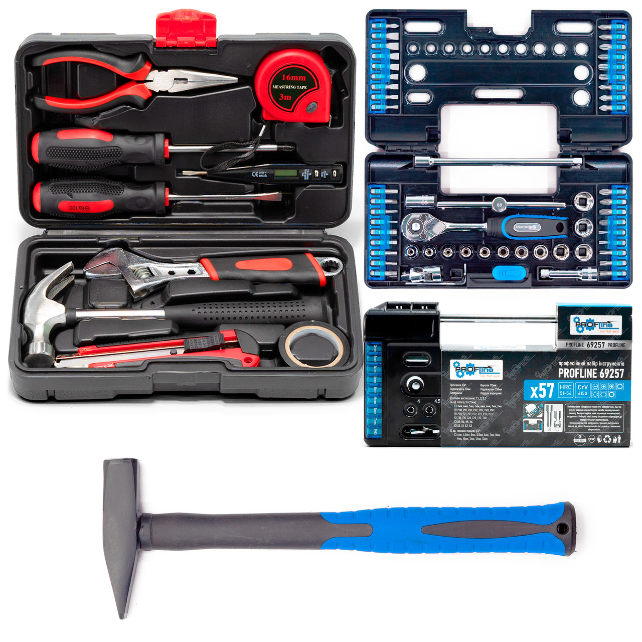 Набір інструментів 3в1 (Набір 57 од. + слюсарний 10 од. + Молоток 300 г,) Profline 69257-101