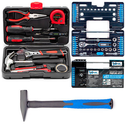 Набір інструментів 3в1 (Набір 57 од. + слюсарний 10 од. + Молоток 300 г,) Profline 69257-101, фото 1