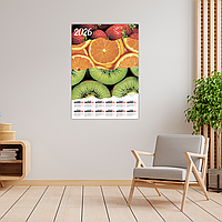 Календар-постер настінний на 2026 рік з оригінальним принтом "Фрукти. Ківі. Апельсин. Полуниця"