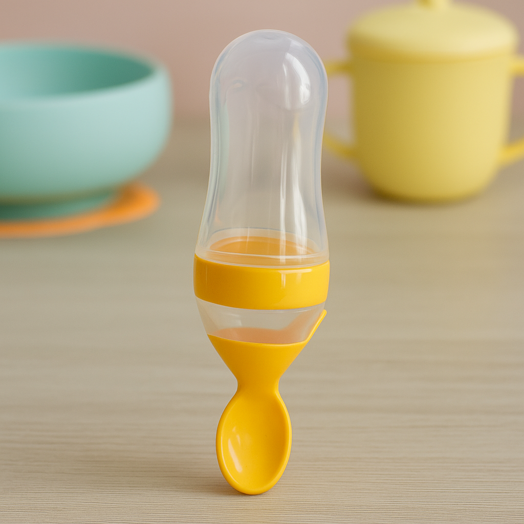 Ложка контейнер для першого прикорму силіконова для годування дітей 90 мл з мірною шкалою MegaZayka жовтий, фото 1