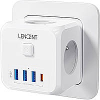 Мережевий фільтр, трійник LENCENT | 3 розетки | 3 USB порта | 1 Type-С | швидка зарядка