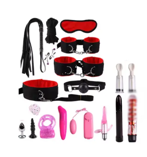 Великий БДСМ набір Auwoo Cozy 19 елементів в червоному кольорі з кубиком для секс ігор, фото 1