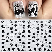 3D наклейки для нігтів «Котики» чорні, аркуш 9,2×7,3 см
