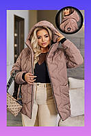 Жіноча демісезонна стьобана куртка батал мокко з капюшоном середньої довжини
