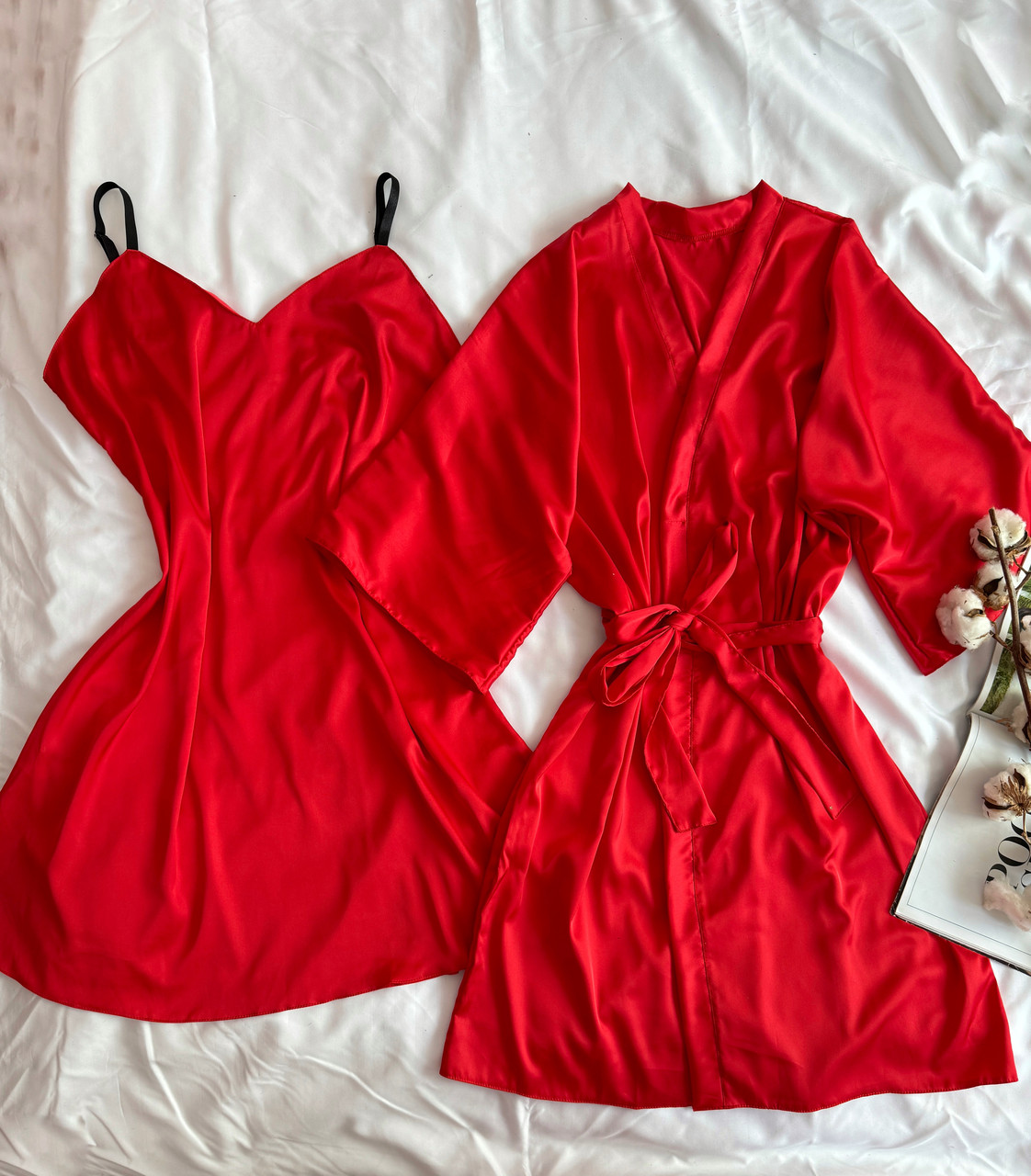 Жіночий шовковий халат і пеньюар двійка червоний, фото 1